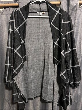 Open-Front Black Plaid Draped Cardigan